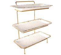 jinsongdafa 3 Tier Serving Tray Set, 3 pieces 35.5 CM Porcelain Tiered Gold rim Serving Trays, Sturdier Gold Stand, Serving Platters for Party Entertaining Food Display Fruit Dessert