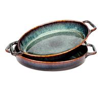 jinsongdafa Ceramic 30.5 CM Casserole Baking Dish with Handles, (800 ML) Oval Gold Au Gratin Dishes, Set of 2 Lasagna Pan Bakeware, Food Preserve Tray, Catering Casserole Dish for Party Style