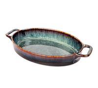 jinsongdafa Ceramic 38.5 CM Casserole Baking Dish with Handles, (1.6 L) Oval Gold Au Gratin Dishes, Lasagna Pan Bakeware, Food Preserve Tray, Catering Casserole Dish for Party Style