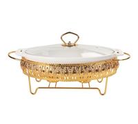 jinsongdafa Porcelain Oval Casserole Baking Dish with Glass Lid and rack, 1200 ML Serving Soup Tureen, Chafing Dish for Buffet, food preserve Tray, Catering Casserole for Party Style