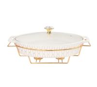 jinsongdafa Porcelain Oval Casserole Baking Dish with Glass Lid and rack, 1600 ML Serving Soup Tureen, Chafing Dish for Buffet, food preserve Tray, Catering Casserole for Party Style