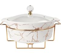 jinsongdafa Porcelain Serving French Tureen Set with Glass Lid and rack, 2500 ML Casserole Baking Dish, Chafing Dish for Buffet, food preserve Tray, Catering Casserole for Party Style