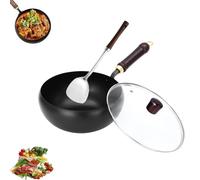 Jinswhdre Cast Iron Skillet, Japanese Hand-Forged Iron Pan with Lid, Non-Stick Uncoated Wok for Cooking and Stir-Fry, Heavy Duty Iron Pan for Kitchen, Home and Restaurant Use (A, 28CM)