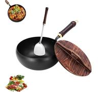 Jinswhdre Cast Iron Skillet, Japanese Hand-Forged Iron Pan with Lid, Non-Stick Uncoated Wok for Cooking and Stir-Fry, Heavy Duty Iron Pan for Kitchen, Home and Restaurant Use (C, 24CM)