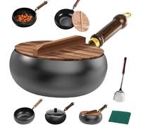 Jinswhdre Cast Iron Skillet,Suntuup Japanese Iron Pan,9.5/10.24/11in Uncoated Pure Iron Skillet with Lid,Traditional Hand-Forged Japanese Large Belly Pot,for Kitchen Culinary (Wooden Lid,11 in)