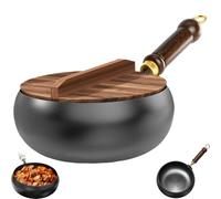 Jinswhdre Cast Iron Skillet, Uncoated Pure Iron Skillet, 9.5/11in Traditional Hand-Forged Japanese Large Belly Pot, Durable and Versatile Cookware (Wooden Lid,11in)
