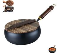 Jinswhdre Cast Iron Skillet, Uncoated Thick Iron Pot, Japanese Pan, Traditional Hand-Forged Japanese Pot, Durable and Versatile Cookware for Culinary Styles for Kitchen (Black,24cm+Wooden Cover)