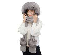 JINTN Women Girl Fluffy Warm Scarf Hat Glove 3 in 1 Set Winter Hooded With Scarf Pocket Gloves Soft Coral Fleece Long Scarf Mitten Hat Set Headwear Neck Warmer Glove
