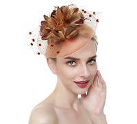 JINTN Womens Girls Mesh Fascinator Hat Headwear with Big Flowers Feather Veil Wedding Party Hat Fascinator Hair Clip Headwear Coffee