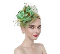 JINTN Womens Girls Mesh Fascinator Hat Headwear with Big Flowers Feather Veil Wedding Party Hat Fascinator Hair Clip Headwear Green