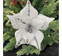 JinweiS 12 Pieces 9.45in Christmas Glitter Christmas Flowers Wedding Faux Flowers Christmas Decoration Ornaments for Christmas Tree New Year Home Outdoor Decoration,Silvery