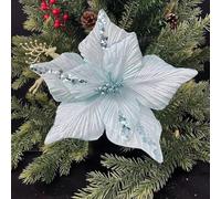 JinweiS 12 Pieces 9.45in Christmas Glitter Christmas Flowers Wedding Faux Flowers Christmas Decoration Ornaments for Christmas Tree New Year Home Outdoor Decoration,Light Blue