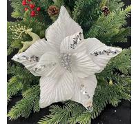 JinweiS 12 Pieces 9.45in Christmas Glitter Christmas Flowers Wedding Faux Flowers Christmas Decoration Ornaments for Christmas Tree New Year Home Outdoor Decoration,White