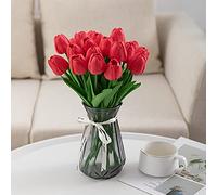 JinweiS 20 Count White Flower Artificial Tulip Silk Fake Flowers 13.5 Inch Mother's Day Easter Valentine's Day Gift Bulk Home Kitchen Wedding Decoration (Red)