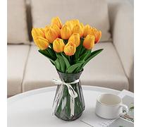 JinweiS 20 Count White Flower Artificial Tulip Silk Fake Flowers 13.5 Inch Mother's Day Easter Valentine's Day Gift Bulk Home Kitchen Wedding Decoration (Sunset Red)