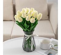 JinweiS 20 Count White Flower Artificial Tulip Silk Fake Flowers 13.5 Inch Mother's Day Easter Valentine's Day Gift Bulk Home Kitchen Wedding Decoration (Milk White)