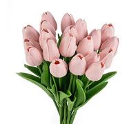 JinweiS 20 Count White Flower Artificial Tulip Silk Fake Flowers 13.5 Inch Mother's Day Easter Valentine's Day Gift Bulk Home Kitchen Wedding Decoration (Light Pink)