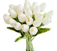 JinweiS 20 Count White Flower Artificial Tulip Silk Fake Flowers 13.5 Inch Mother's Day Easter Valentine's Day Gift Bulk Home Kitchen Wedding Decoration (White)