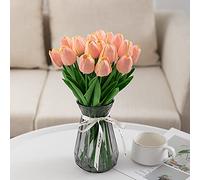 JinweiS 20 Count White Flower Artificial Tulip Silk Fake Flowers 13.5 Inch Mother's Day Easter Valentine's Day Gift Bulk Home Kitchen Wedding Decoration (Sunset Pink)