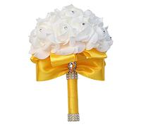 JinweiS Artificial Rose Wedding Bouquet Yellow Flowers Bridesmaid Toss Bouquet with Diamond Ribbons Fake Flower Hand Bouquets for Wedding, Engagement, Church