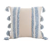 JinweiS Geometric Embroidery Tufted Throw Pillow Covers 18x18 Inch Boho Cotton Canvas Woven Tufted Tassel Cushion Covers Home Decor (Sky Blue,18"x18")