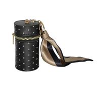 Jinweixb Fashionable cylindrical lipstick storage box, small accessory storage bag, with gold hardware, decorative ribbon, zipper closure, black
