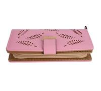 Jinweixb Ladies' long wallet with leaf pattern, multiple card slots, large capacity zipper closure, pink purple color, Pastel Violet