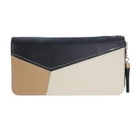 Jinweixb Large capacity wallet with color block design, ultra-thin long wallet, long zipper three color multi card slot design, black beige, 7.48 x 3.93 inches