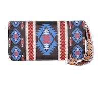 Jinweixb Tribal printed wallet, zipper closure with wristband, blue and red Aztec pattern design, multiple card slots and compartments
