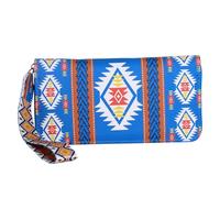 Jinweixb Tribal printed wallet, zipper closure with wristband, blue and white Aztec pattern design, multiple card slots and compartments