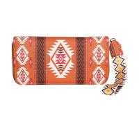 Jinweixb Tribal printed wallet, zipper closure with wristband, brown and white Aztec pattern design, multiple card slots and compartments