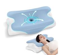 JINXIA Cervical Memory Foam Pillow, Ergonomic Pillow for Neck and Shoulder Pain Relief, Orthopedic Neck Support Pillow for Side/Supine/Prone Sleepers with Removable Cover, Blue/White