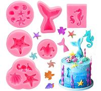 JINXIAN 6 Pcs Mermaid Tail Moulds Marine Themed Silicone Mould Set DIY Baking Animal Silicone Molds Reusable Ocean Animal 3D Shaped Cake Moulds for Cake Candy Fondant