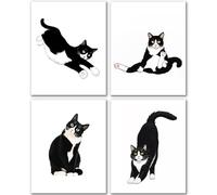 JINYO Black and White Cat Wall Art Prints Set of 4, Black Cat Room Decor, Cute Tuxedo Kitty Kitten Wall Decor Posters Pictures for Home Bedroom Living Room, 8x10 Unframed