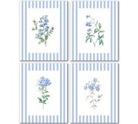 JINYO Blue Wall Art Decor, Vintage Blue and White Striped Floral Wall Art Prints Set of 4, Rustic Cottagecore Botanical Wall Decor Posters Pictures for Home Bedroom Living Room, 8x10 Unframed