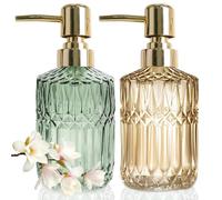 JINYOMFLY Green Glass Soap Dispenser, 12 Oz Vintage Soap Dispenser, 2 Pack Glass Pump Bottle