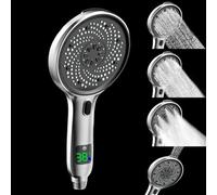 JINYOMFLY Shower head with temperature display, 4 shower modes, large shower head with filter, LED temperature display, high pressure hand shower for hard water