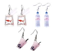 JinYu 3 Pairs Funny Acrylic Water Bottle Pendant Earrings, Cute Pearl Milk Tea Dangle Earrings Colorful Glass Bottle Funny Earrings for Women Unique