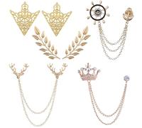 JinYu 7 Pcs Men's Brooch Crown Hanging Chain Brooch Stone Detailing with Engraving Metal Crystal Brooch Suit Stud Lapel Pin Vintage Rhinestone Breastpin Wedding (Gold)
