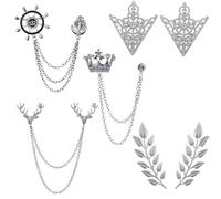 JinYu 7 Pcs Men's Brooch Crown Hanging Chain Brooch Stone Detailing with Engraving Metal Crystal Brooch Suit Stud Lapel Pin Vintage Rhinestone Breastpin Wedding (Silver)