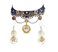 JinYu Choker Necklace and Steampunk Earrings Set for Steampunk Halloween Punk Costume Party Retro Gear Clock Cog Women Gothic Black Lace Necklaces Halloween Lolita, Lace