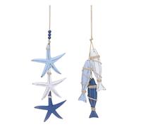Jinzhenhong Rustic Wood Fish Starfish Decor, Hanging Fish Starfish Nautical Wall Decor, Beach Theme Wall Art Decoration for Home Mediterranean Decor (Blue)