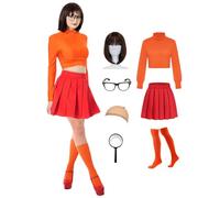jiobabe Women Velma Costume Sexy Adult Long Sleeve Orange Crop Top Red Mini Skirt Group Halloween Costumes Outfit Set with Accessories Wig Glasses Magnifier Socks GR043XXL