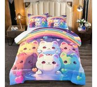 Jiospet Rainbow Cat Comforter Full Size - Cat Bedding for Girls Room Cute Cartoon Rainbow Bedding Full Comforter Sets for Kids, 1 Comforter+2 Pillowcases