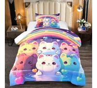 Jiospet Rainbow Cat Comforter Twin Size - Rainbow Cat Bedding for Girls Room Cute Cartoon Rainbow Bedding Twin Comforter Sets for Kids, 1 Comforter+1 Pillowcase