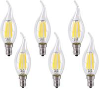 Jiotouhu 6 Pack E14 Flame Tip LED Filament Candle Light Bulb, 6W 600 LM - 60W Incandescent Bulbs Equivalent - Small Edison Screw Clear Candle Bulb, Dimmable, 6500K Cool White