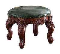 JIOWEUOE Small, Round Leather Footstool, Medieval Style, Made of European Vintage Solid Oak, Suitable for Living Room use, with Carved Legs, Brown/Green.,Green