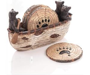 Jipersuo Bear Set Of 6 Full Size In Handmade Canoe With Adorable Black Bear Figurines | Black Bear Log Cabin Decorations For The Home Mini Ornaments (Brown, 20X3X9CM)