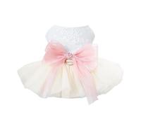 Jipersuo Champagne Dog Dresses for Small Dogs Girl with Leash Ring & Bow, Dog Wedding Dress with -Layer Tutu Skirt, Embroidered Cat Flower Dress(M) 50
