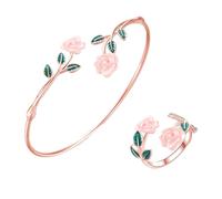 Jipersuo Jewelry Set for Women Rose Ring Bracelet Set Oil Drip Rose Open Adjustable Ring Bracelet Accessories for Women Girl Present 155